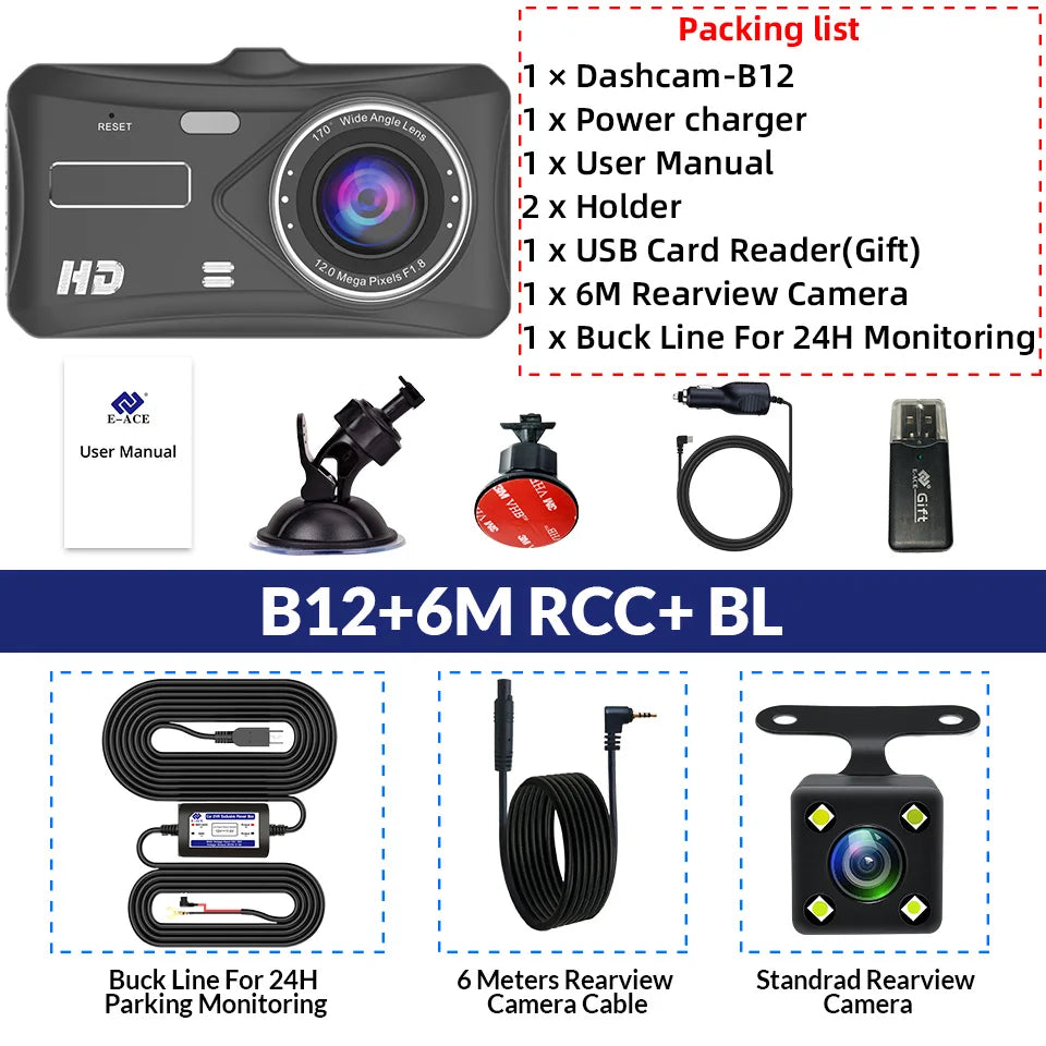 1080P Car DVR B12 Dash Cam Touch Sensitive Dash Camera WDR G Sensor Night Vision Optional Rear Lens Hidden Dashcam