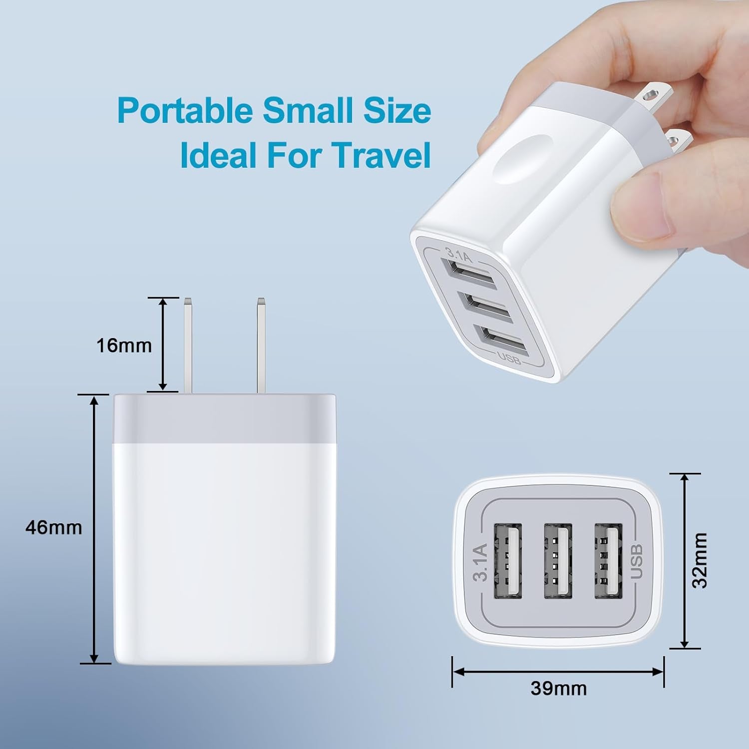 USB Wall Charger - 2-Pack 3-Port 3.1A Power Adapter Quick Charging Station for iPhone, iPad, and Samsung Galaxy Devices