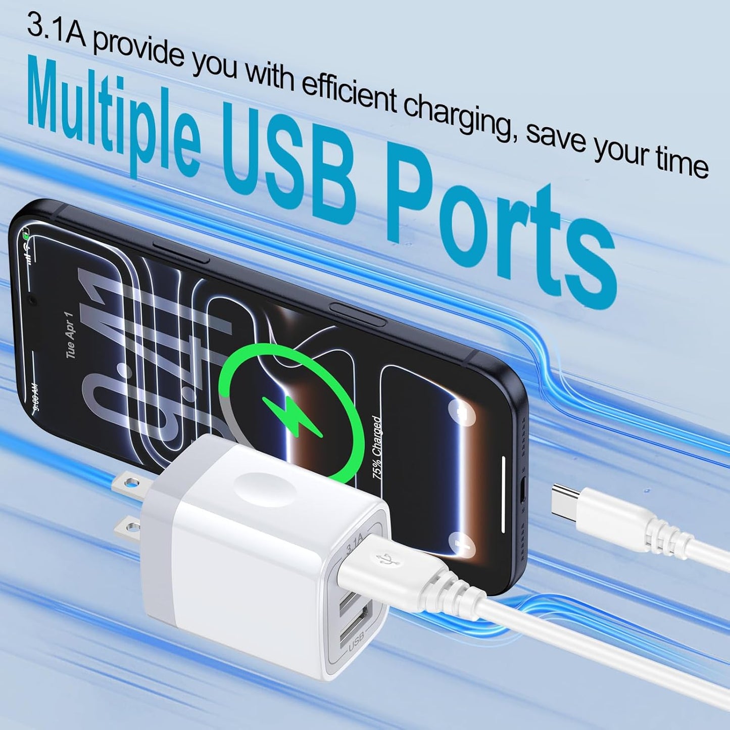 USB Wall Charger - 2-Pack 3-Port 3.1A Power Adapter Quick Charging Station for iPhone, iPad, and Samsung Galaxy Devices