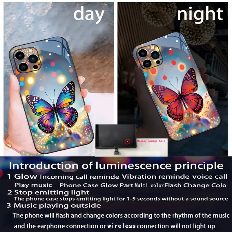 Luminous Butterfly Glitter Smart Sound-Activated Light-Up Phone Case for Iphone 17/16 Pro Max/15 Pro/14 Plus/13/12. Features Luminous Technology, Elegant Daytime Design, and Enhanced Nighttime Visibility. Perfect for Parties and Holidays.