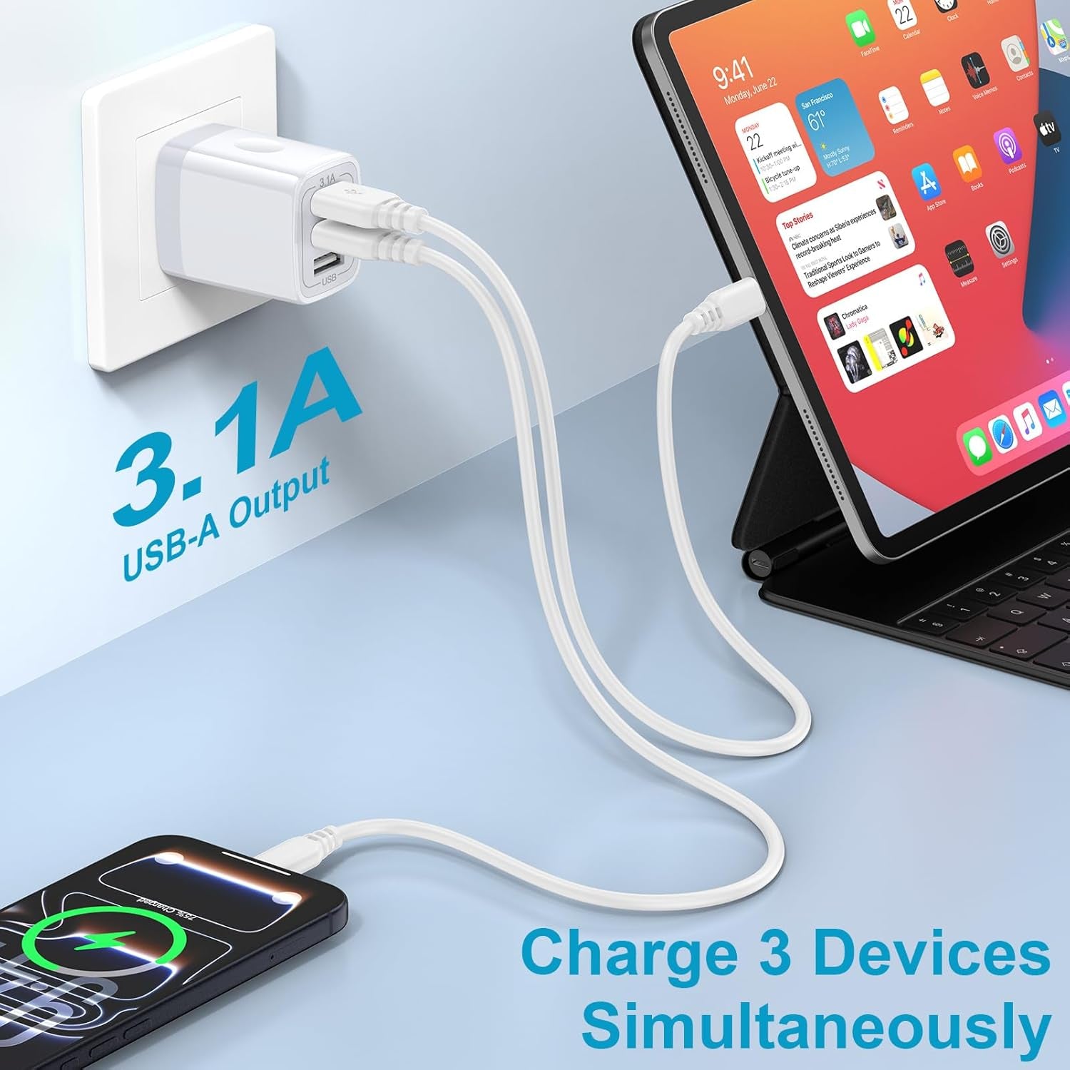 USB Wall Charger - 2-Pack 3-Port 3.1A Power Adapter Quick Charging Station for iPhone, iPad, and Samsung Galaxy Devices