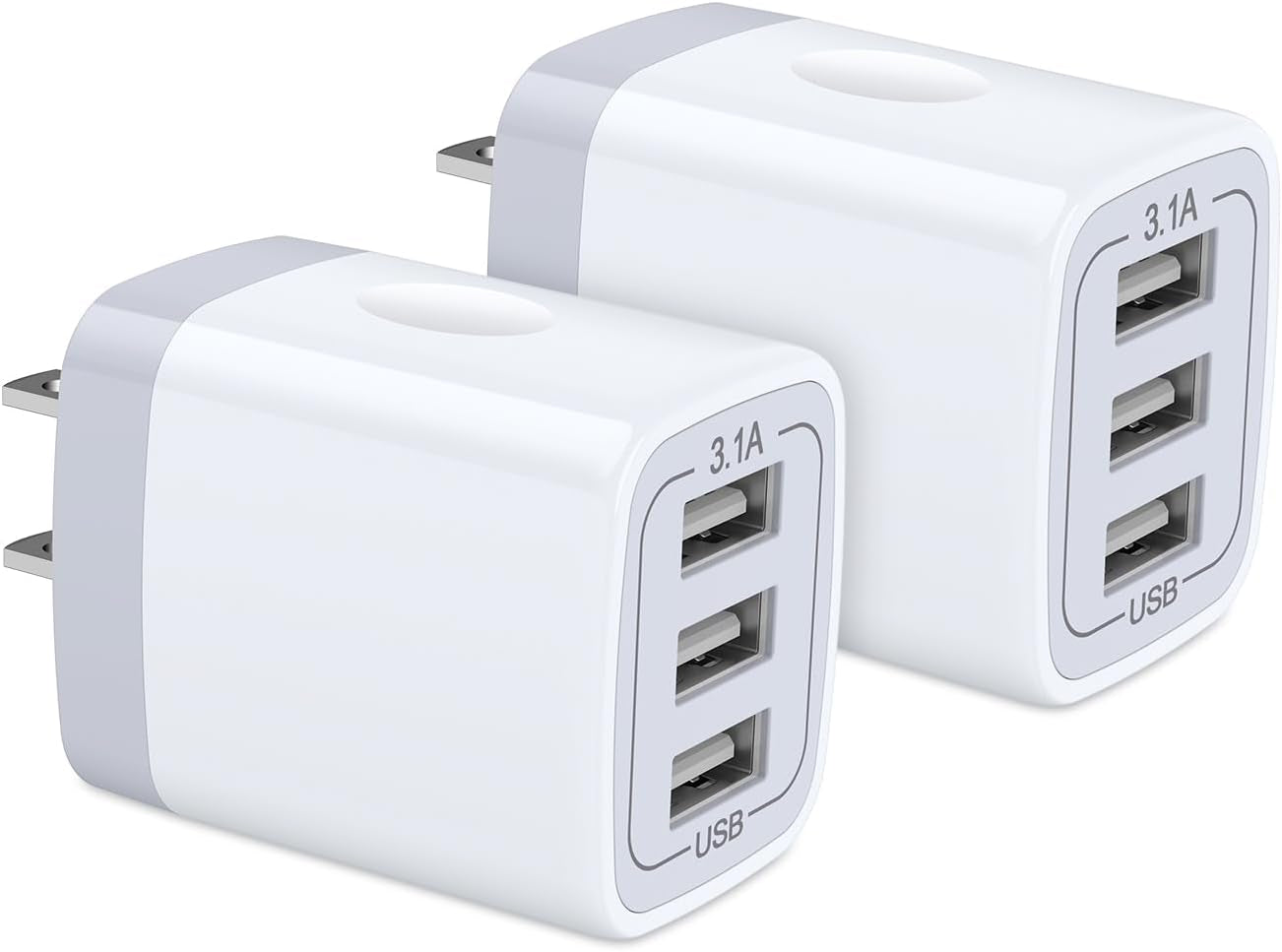USB Wall Charger - 2-Pack 3-Port 3.1A Power Adapter Quick Charging Station for iPhone, iPad, and Samsung Galaxy Devices