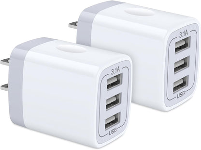 USB Wall Charger - 2-Pack 3-Port 3.1A Power Adapter Quick Charging Station for iPhone, iPad, and Samsung Galaxy Devices