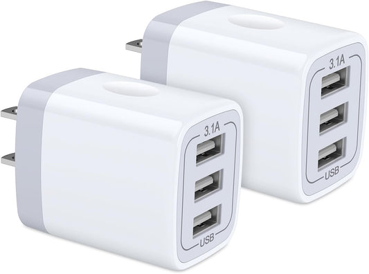 USB Wall Charger - 2-Pack 3-Port 3.1A Power Adapter Quick Charging Station for iPhone, iPad, and Samsung Galaxy Devices